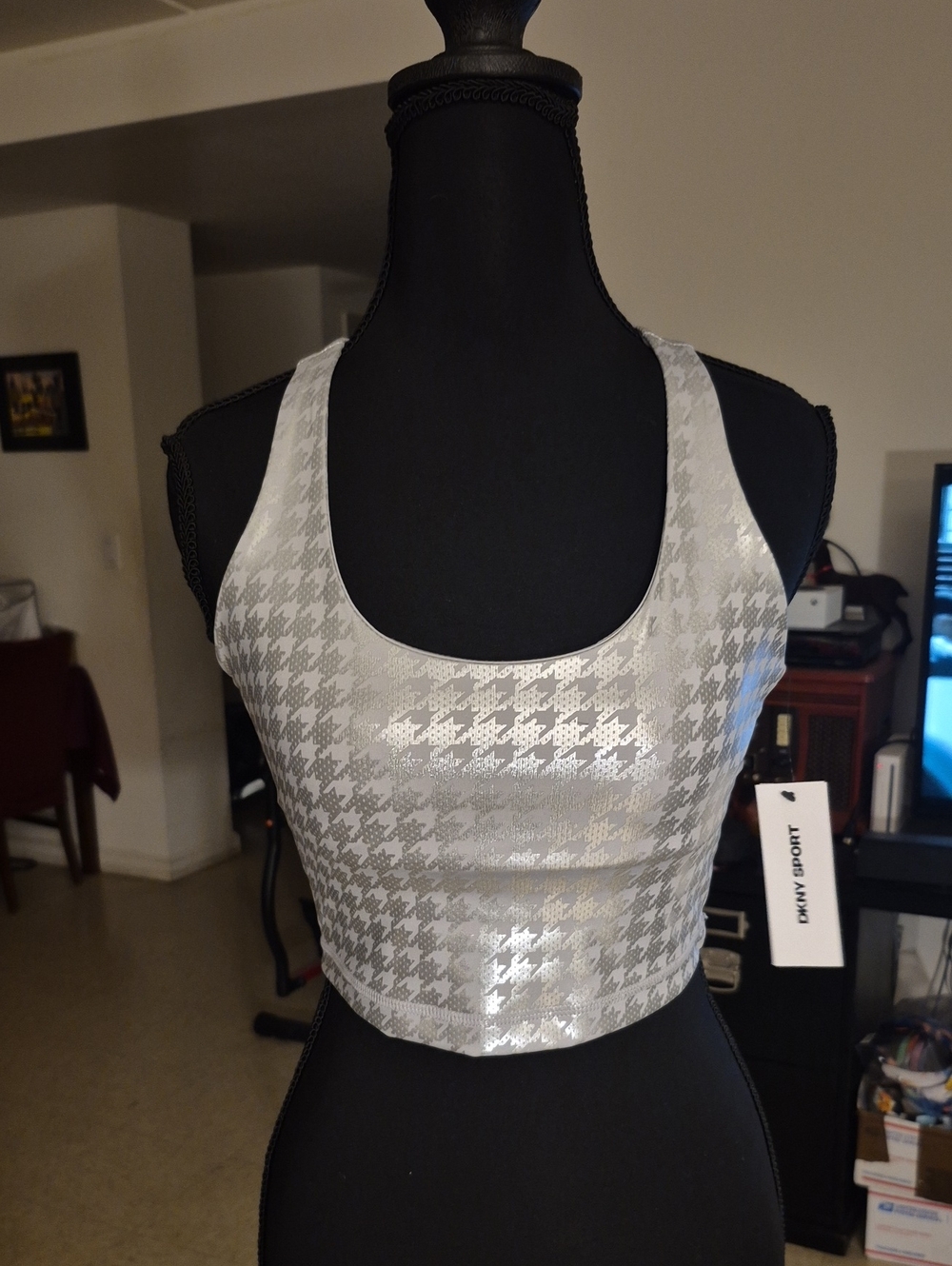 DKNY Silver Metallic Houndstooth Crop Top